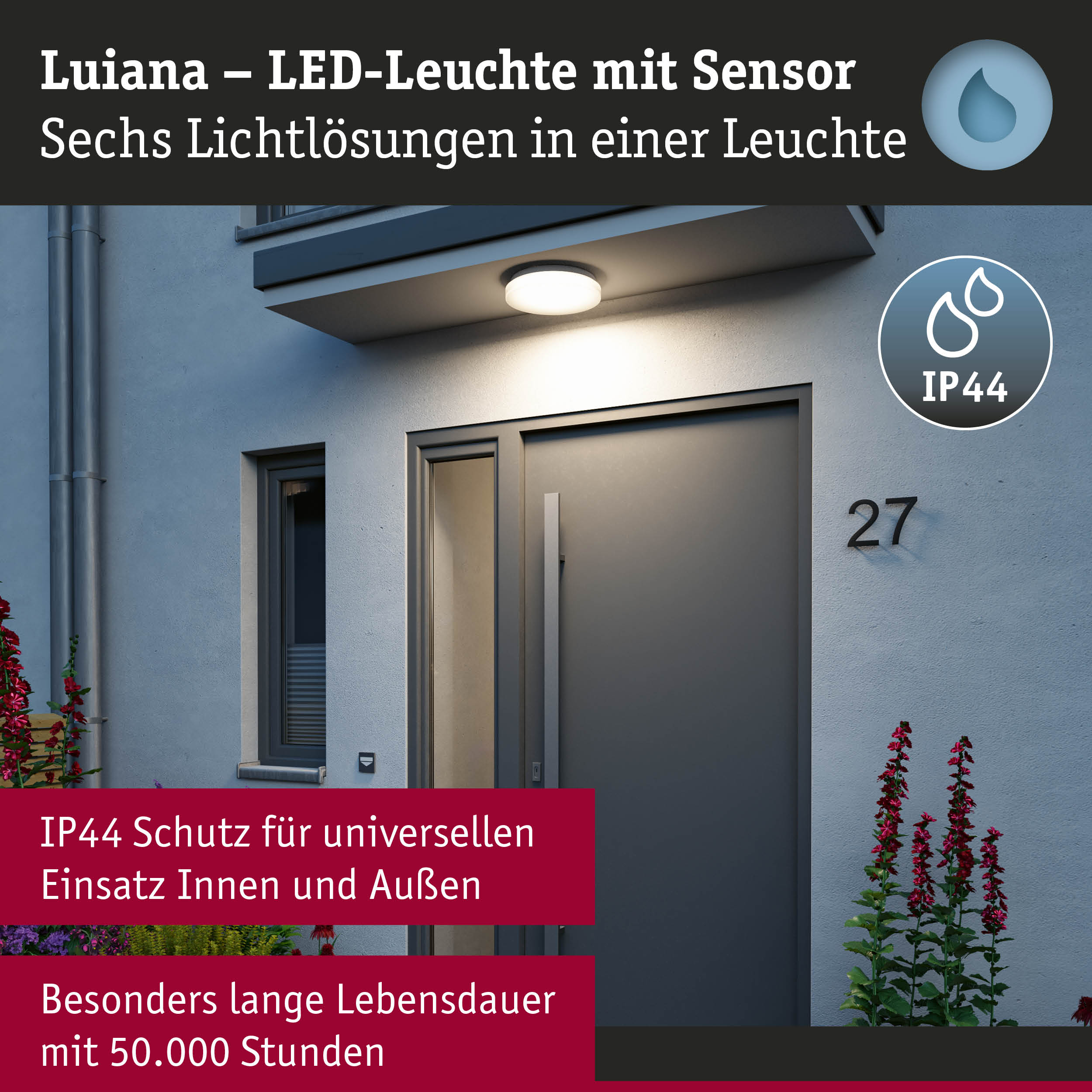 Luiana LED-Leuchte mit Sensor in Weiß, IP44 Schutz, langlebig für Innen- und Außenbereiche