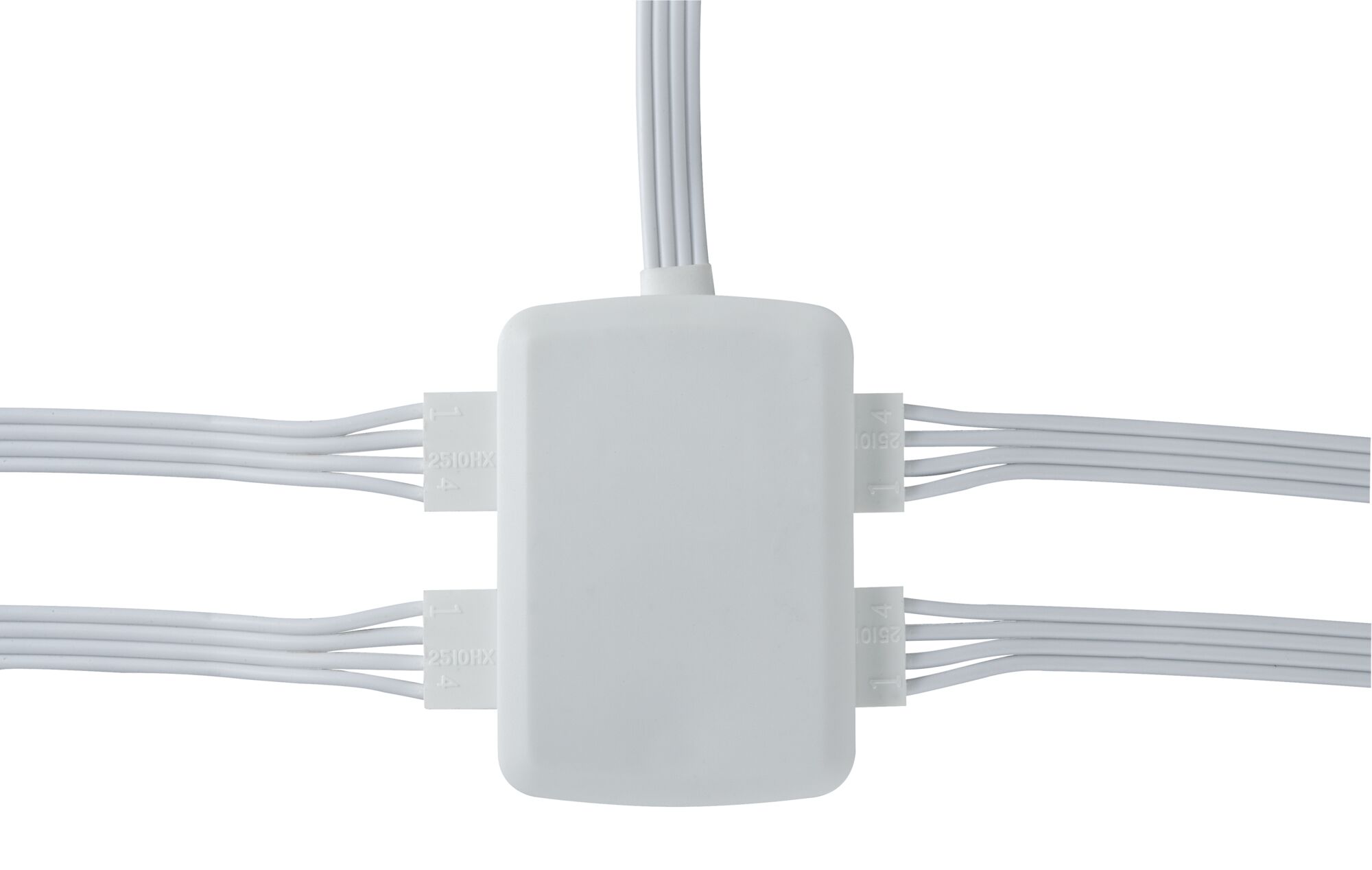 White plastic junction box with multiple cable connections for LED lighting systems