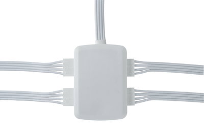 White plastic junction box with multiple cable connections for LED lighting systems