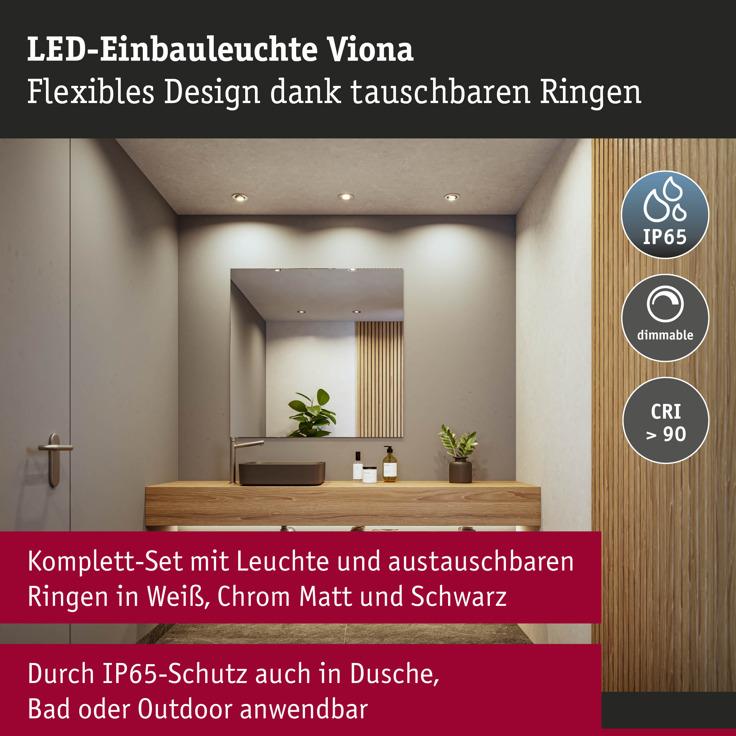 LED-Einbauleuchte Viona mit flexiblem Design und austauschbaren Ringen in Weiß, Chrom Matt und Schwarz