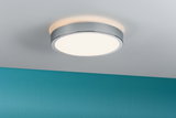 Round ceiling light with silver metal frame and warm white light for modern living spaces