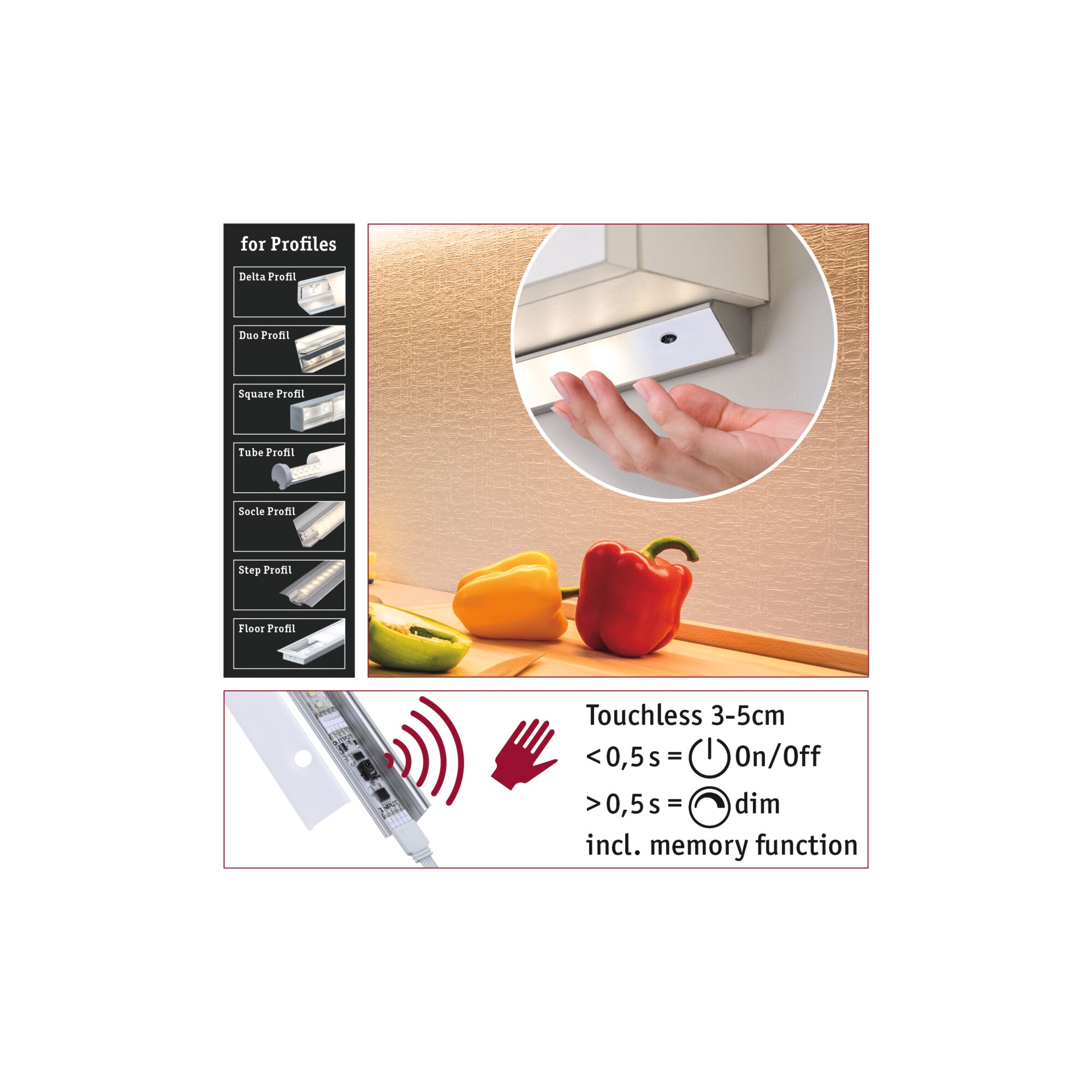 Touchless LED switch for profiles with 3-5 cm range and memory function for light control in kitchens