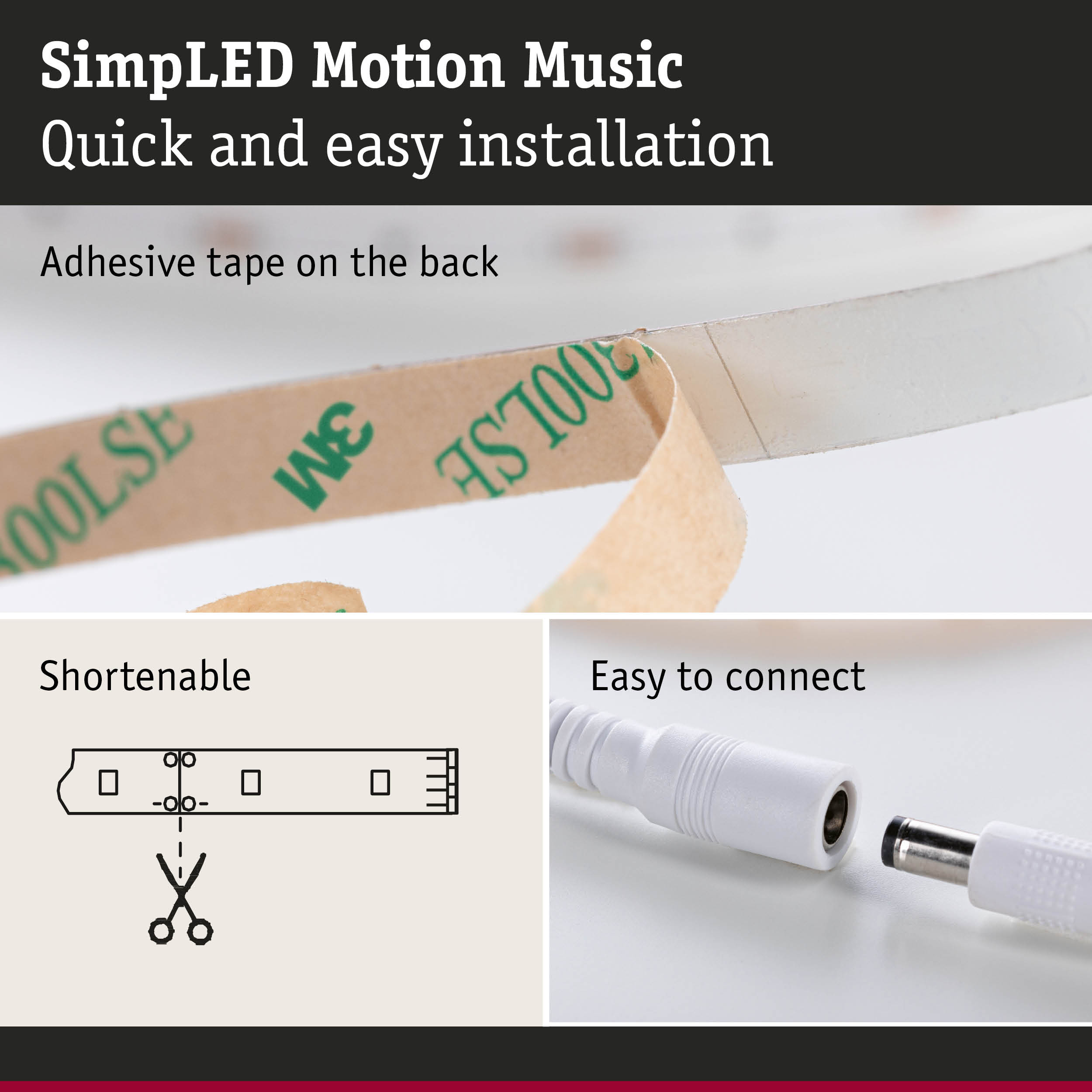 Adhesive tape on back for easy installation of LED lighting with connection cable
