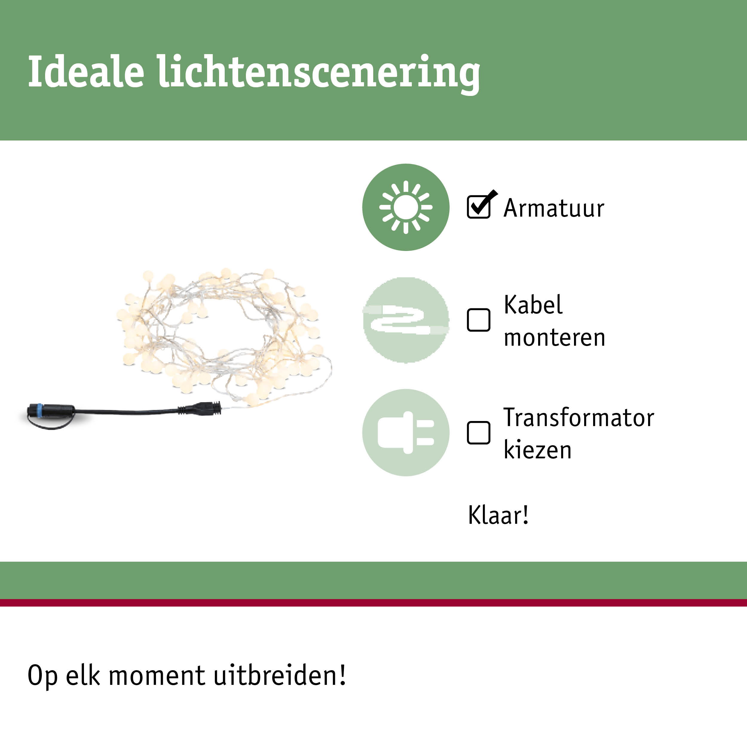 Lichtsnoer met warmwitte LED's en zwarte kabel voor flexibele verlichting zonder kabelmontage