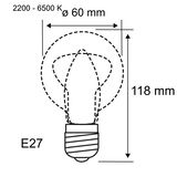 Technical drawing of an E27 LED bulb with 60 mm diameter and 118 mm length, color temperature 2200-6500K.