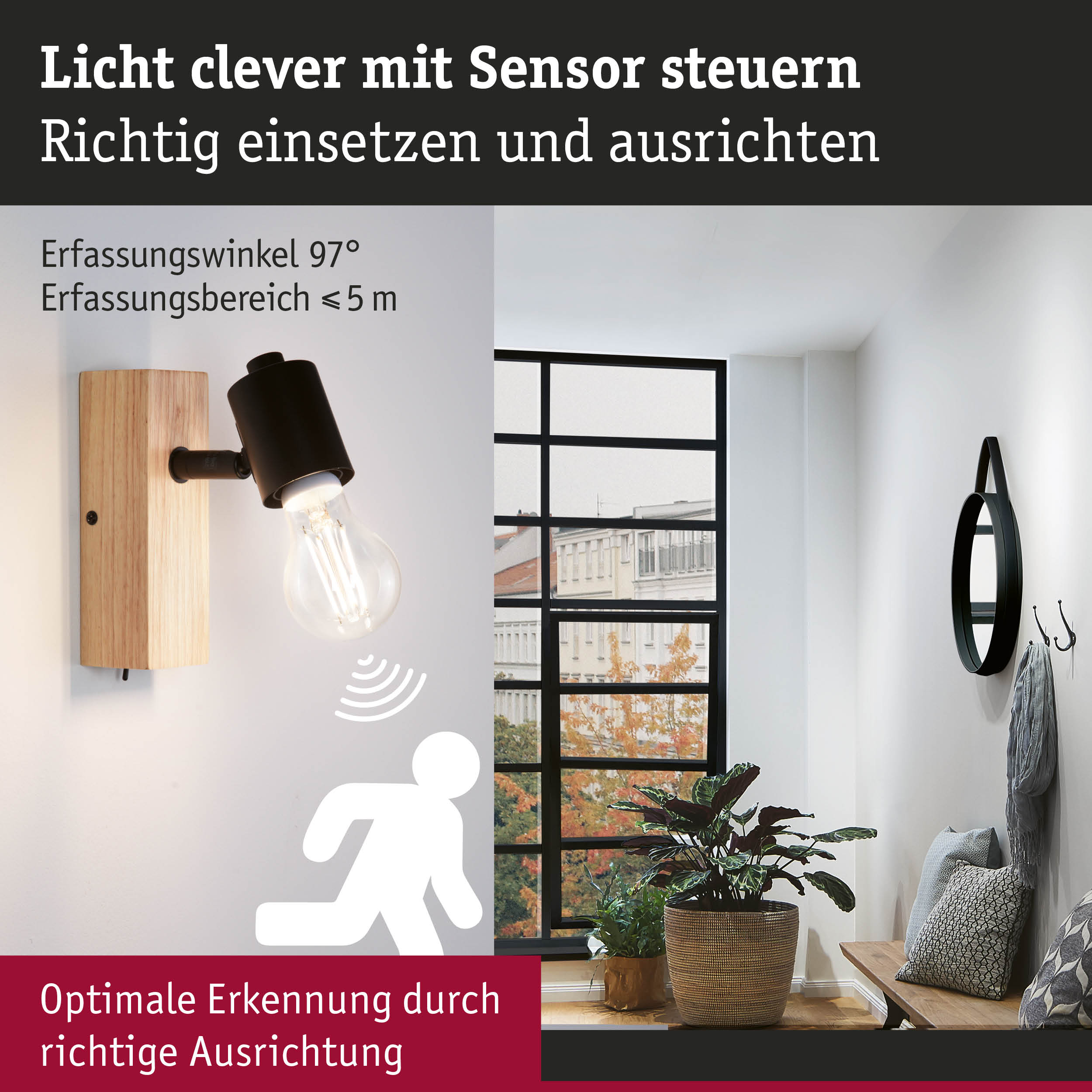 Wandlampe mit Holzplatte und schwarzem Metallkopf, Bewegungssensor mit 97° Erfassungswinkel und 5 m Reichweite