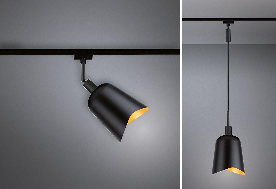 Schwarze URail DecoSystems Schirm-Leuchten mit goldfarbener Innenfläche, moderne LED-Spots für Schienensysteme