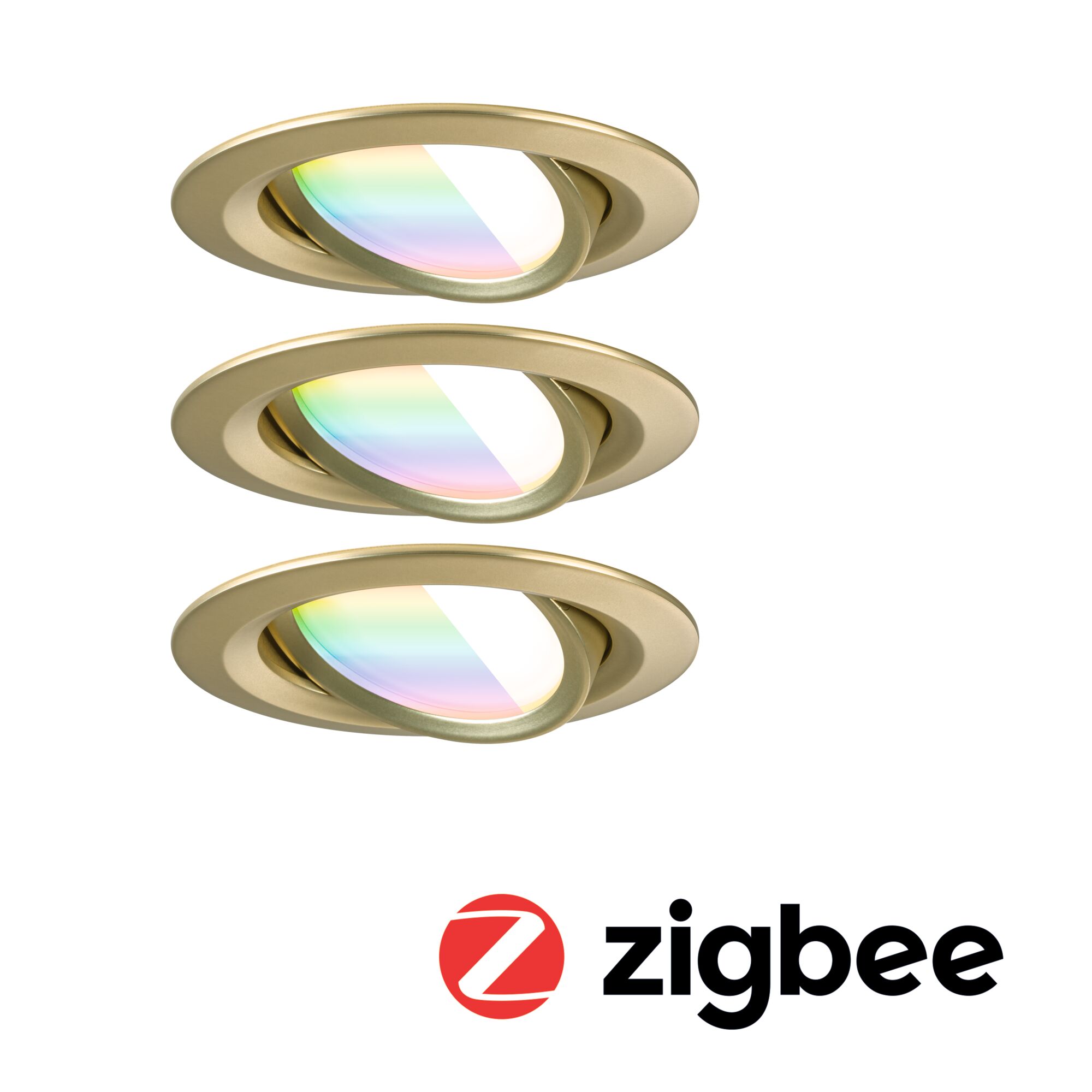 Drei goldfarbene Einbaustrahler mit schwenkbarem Reflektor und Zigbee-Funktion für smarte Beleuchtung