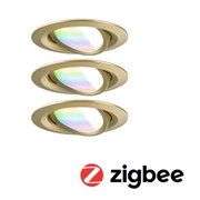 Three gold recessed spotlights with adjustable reflector and Zigbee smart lighting compatibility
