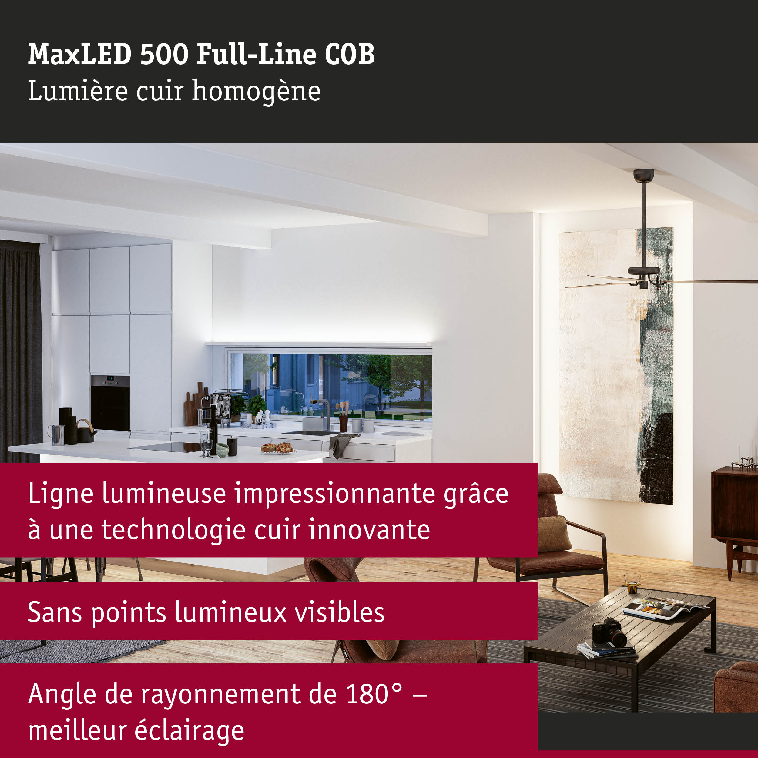 Cuisine ouverte moderne éclairée par MaxLED 500 Full-Line COB offrant une lumière homogène sans points lumineux visibles