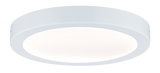 Round white metal LED ceiling light with warm white illumination for living spaces