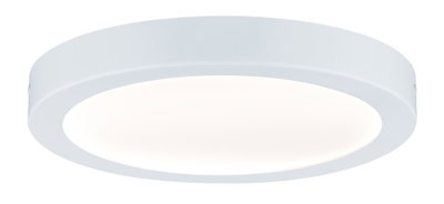 Round white metal LED ceiling light with warm white illumination for living spaces