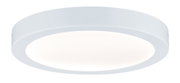 Round white metal LED ceiling light with diffuser for even room illumination and modern design