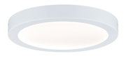 Round white metal LED ceiling light with diffuser for even room illumination and modern design