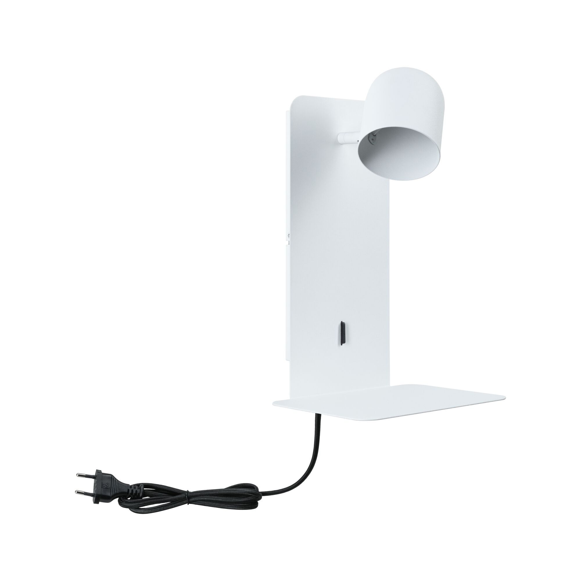 Weiße Metall-Wandleuchte mit verstellbarem Spot und Ablagefläche, modernes Design mit schwarzem Kabel