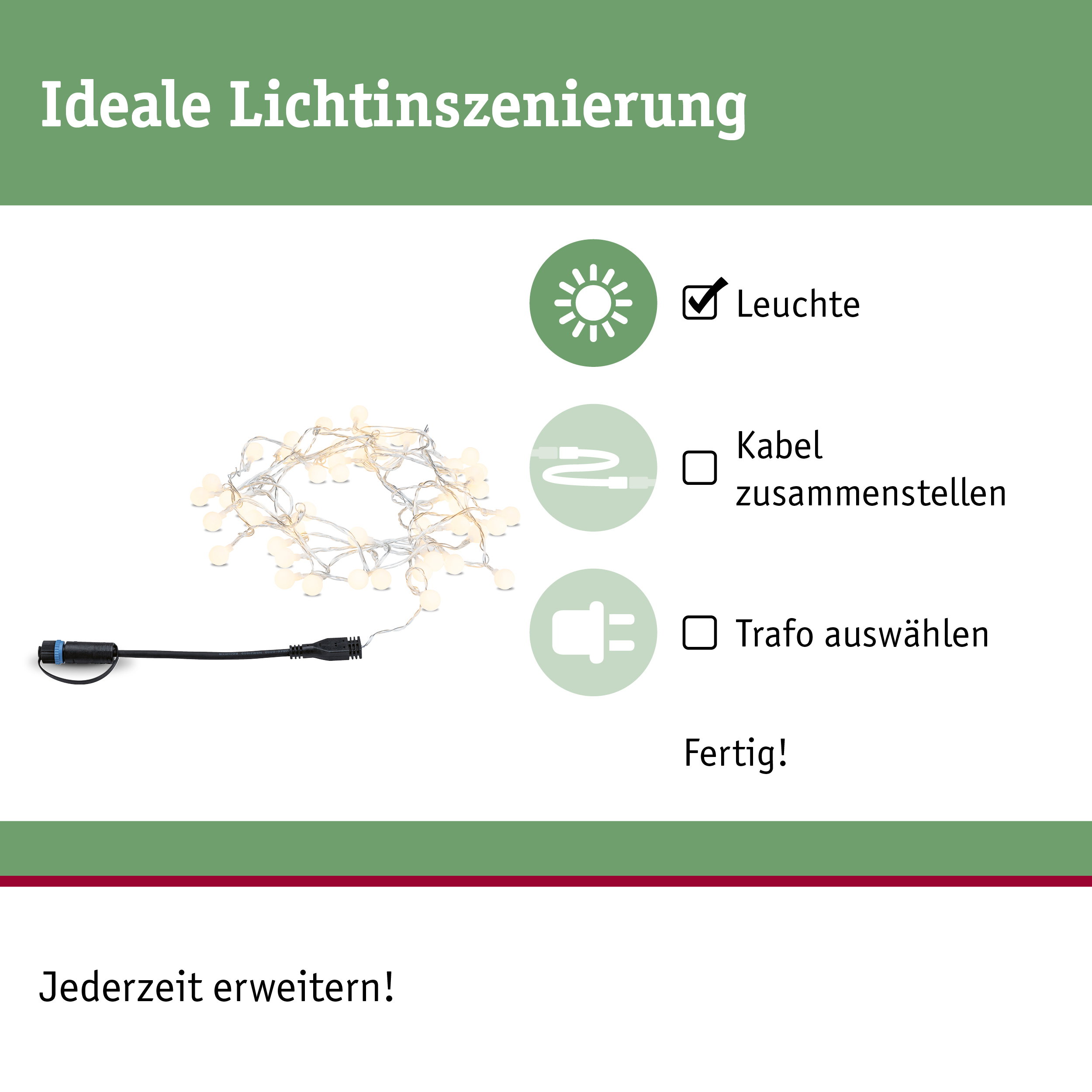 LED-Lichterkette mit warmweißen Kugeln und schwarzem Anschlusskabel für flexible Lichtinszenierung