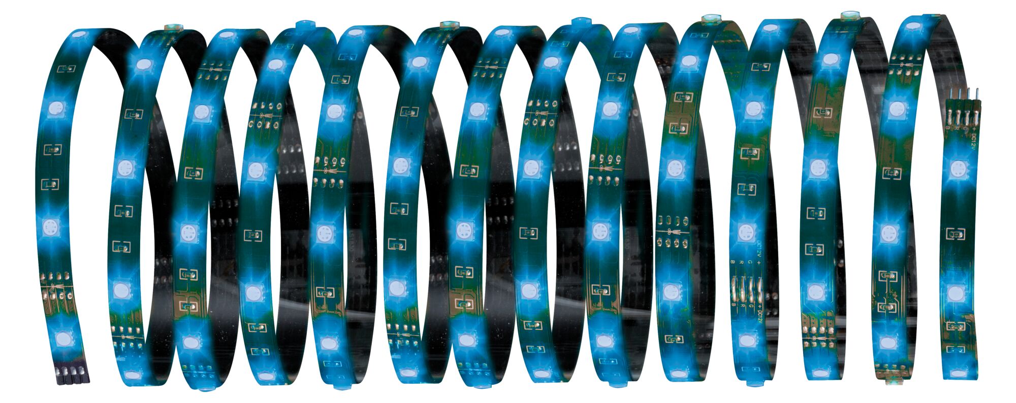 Flexible LED strip with blue LEDs on green circuit board for versatile lighting applications