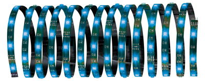 Flexible LED strip with blue LEDs on green circuit board for versatile lighting applications