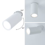 Witte metalen LED-plafondspot met 90° kanteling en 350° draaibaar voor verstelbare verlichting