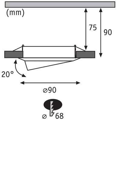 Technical drawing of recessed spotlight with 90 mm diameter and 20-degree tilt angle.