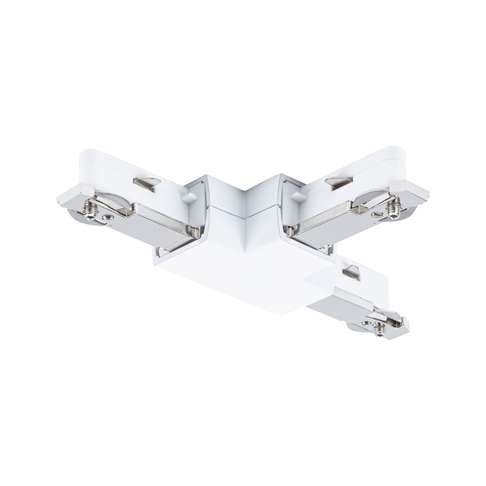 White plastic corner connector with metal contacts for track lighting systems enabling flexible setups
