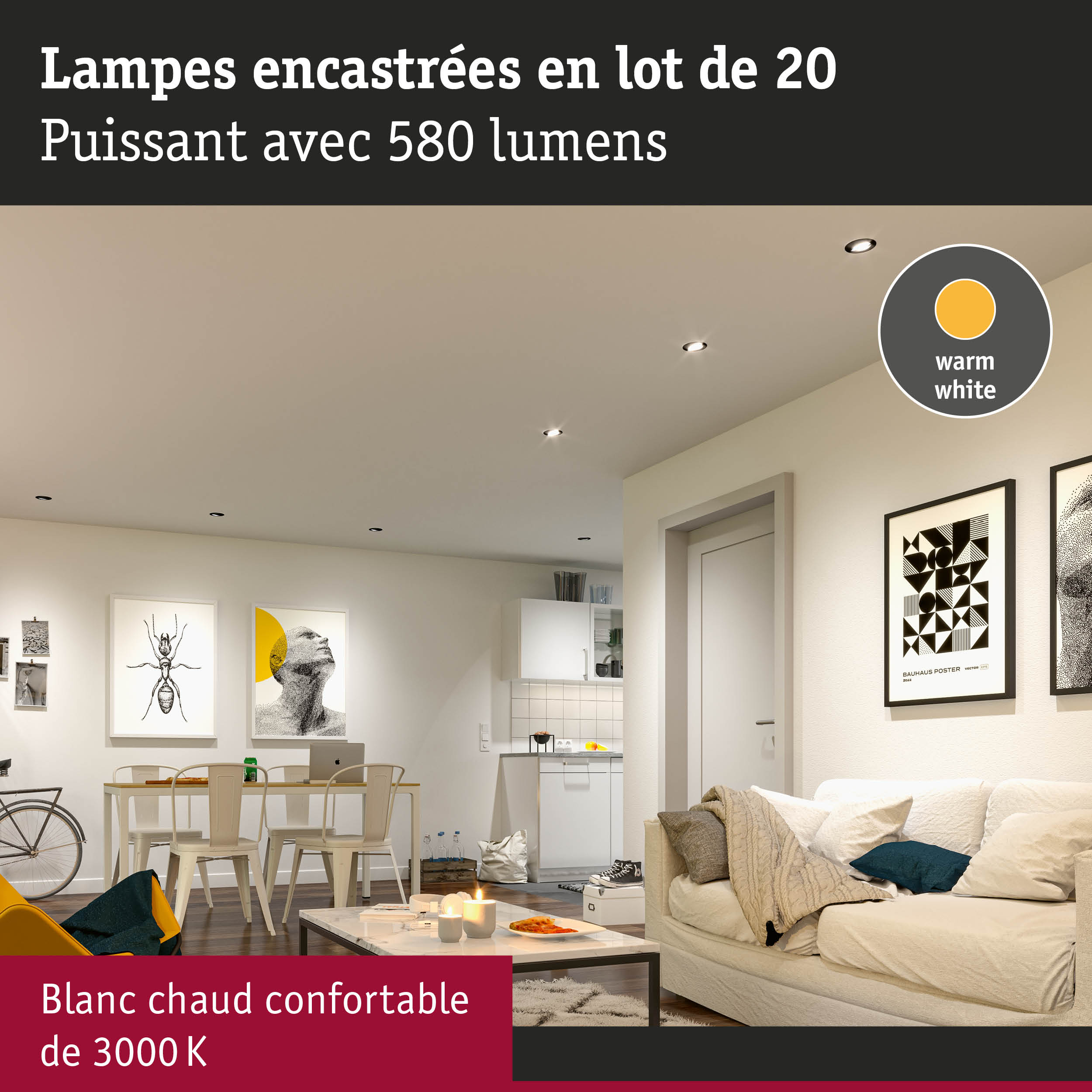 Lot de 20 lampes encastrées blanc chaud 3000K, 580 lumens pour un éclairage intérieur confortable