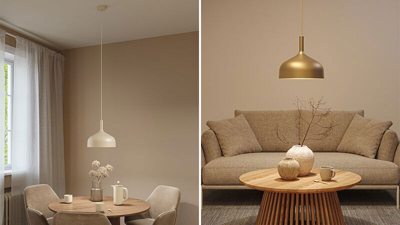 Split image showing white and gold metal pendant lamps above wooden tables in modern living spaces