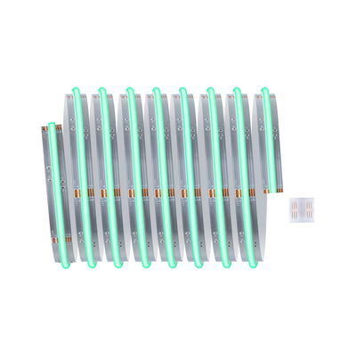 Flexible LED strip with green light and transparent connector for versatile lighting applications.