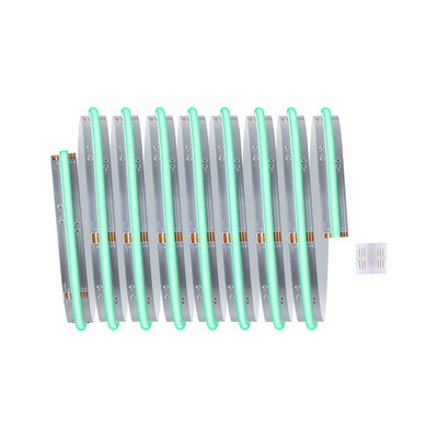 Flexible LED strip with green light and transparent connector for versatile lighting applications.