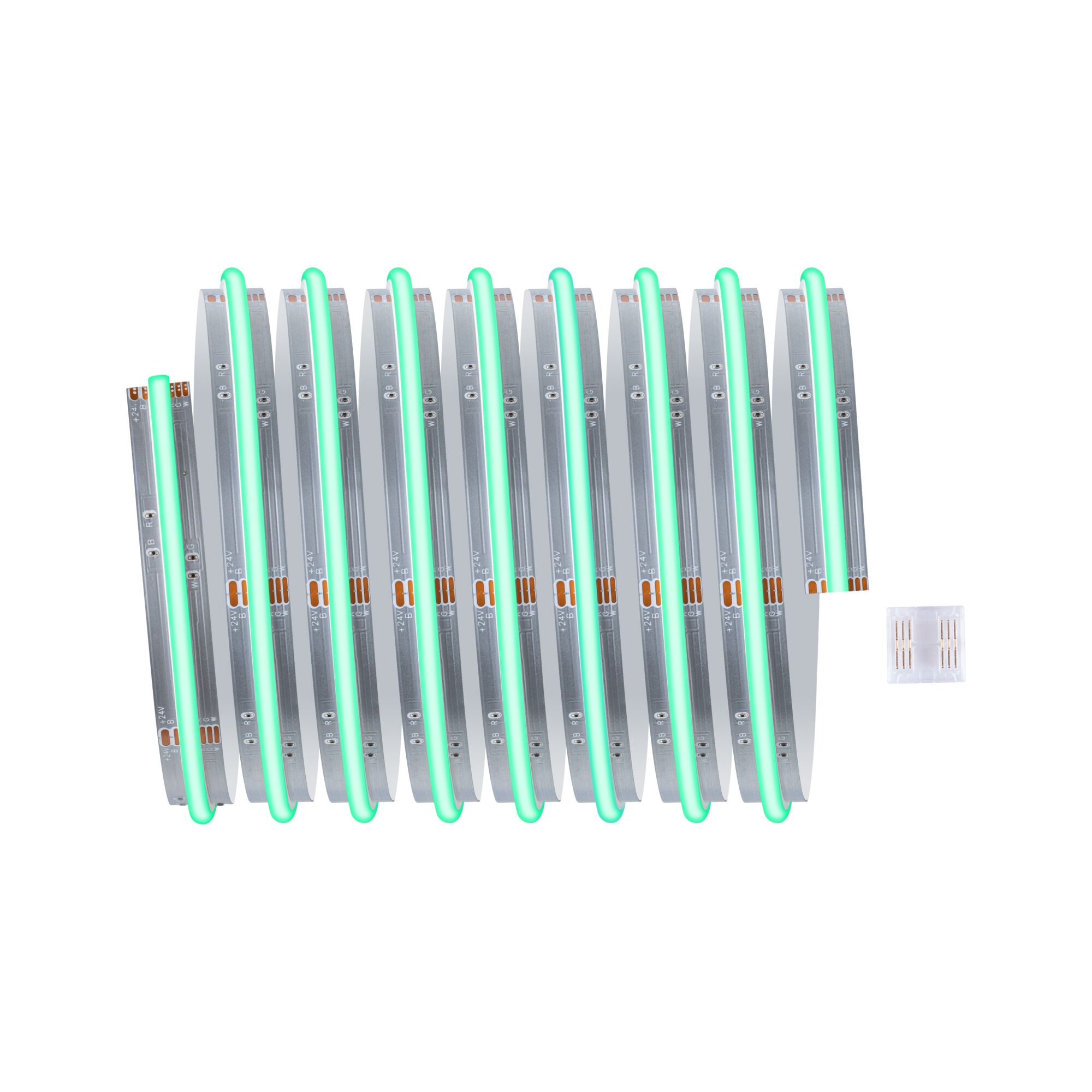 Bande LED flexible avec lumière verte et connecteur transparent pour applications d'éclairage variées.