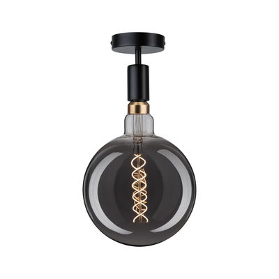 Plafonnier en métal noir avec verre fumé, ampoule LED filament décorative visible