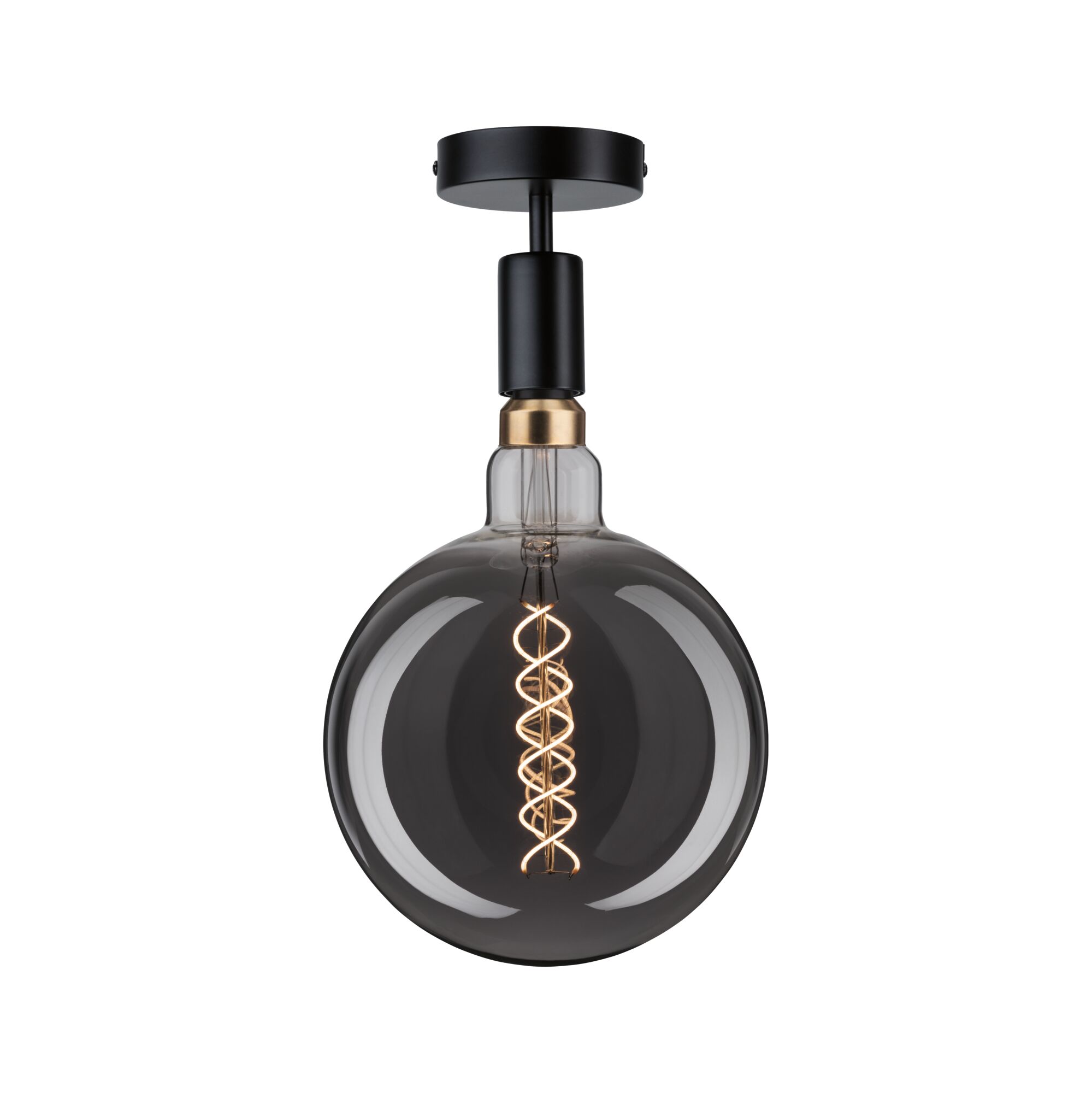 Plafondlamp met zwart metaal en rookglas, zichtbare decoratieve LED-filamentlamp