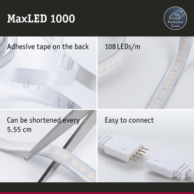 MaxLED 1000 LED strip with adhesive tape, 108 LEDs per meter, cuttable every 5.55 cm, easy to connect