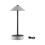 Moderne Tischleuchte mit grauem Leder-Schirm und Sockel, schwarzem Metallstiel und USB-Kabel für LED-Beleuchtung