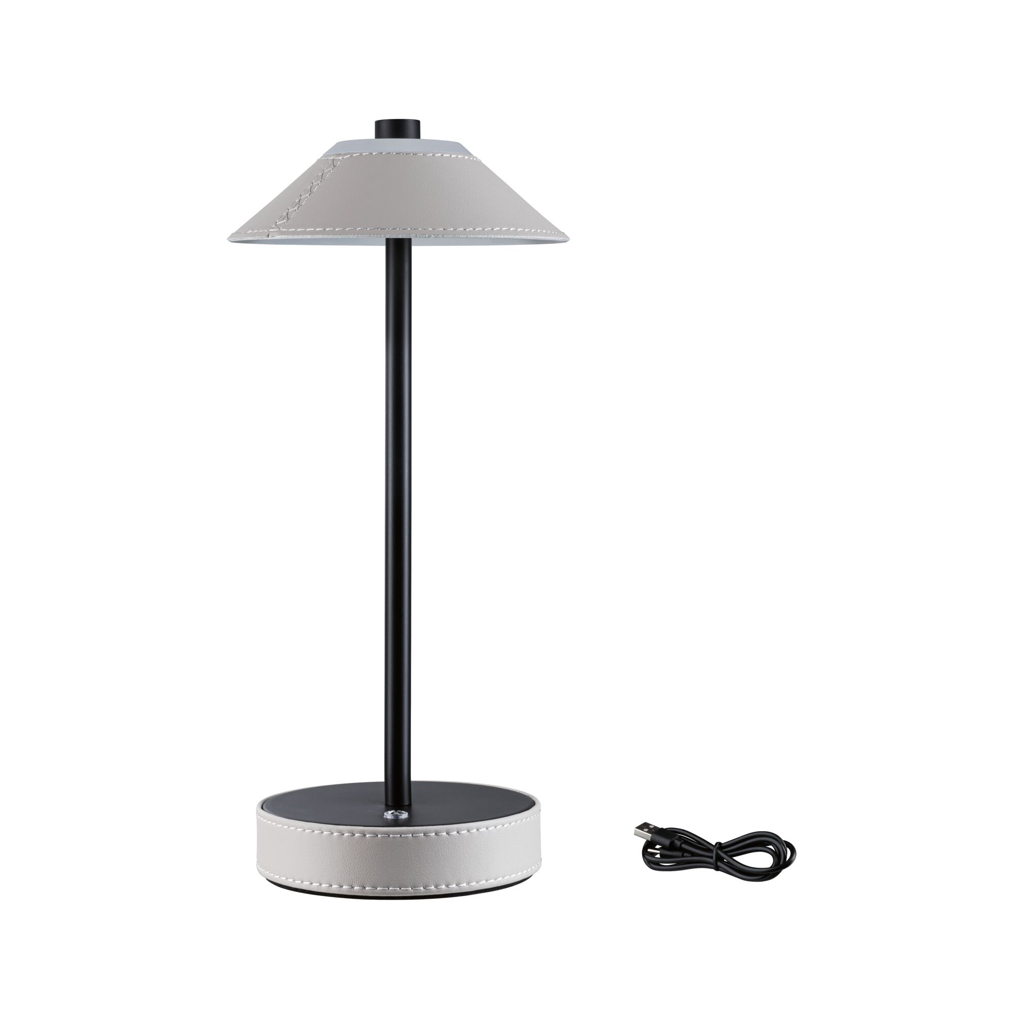 Moderne Tischleuchte mit grauem Leder-Schirm und Sockel, schwarzem Metallstiel und USB-Kabel für LED-Beleuchtung
