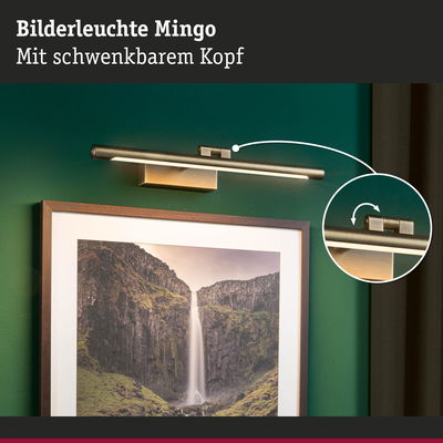 Bilderleuchte Mingo aus gebürstetem Metall in Messingfarben mit schwenkbarem Kopf für Wandbilder.