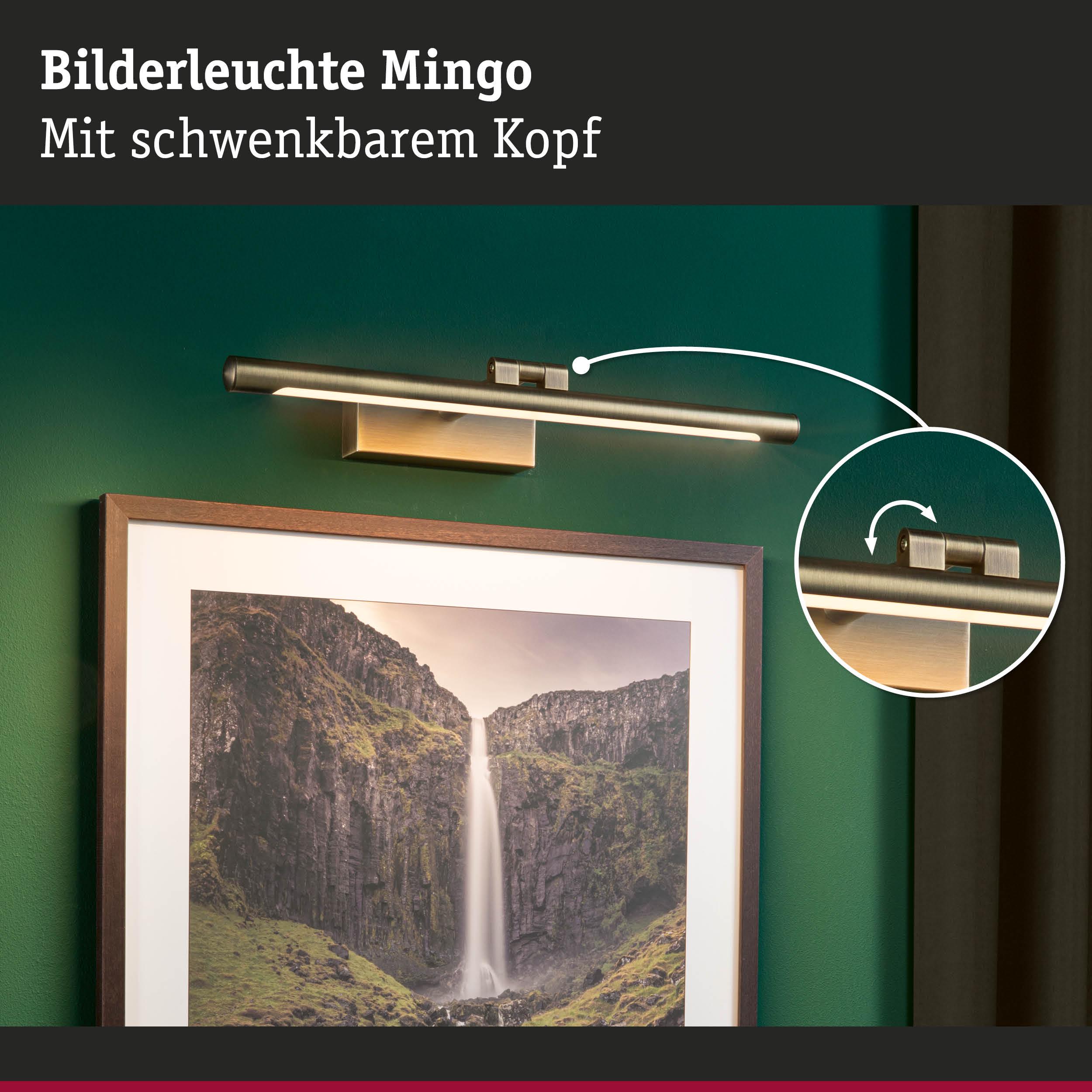 Bilderleuchte Mingo aus gebürstetem Metall in Messingfarben mit schwenkbarem Kopf für Wandbilder.