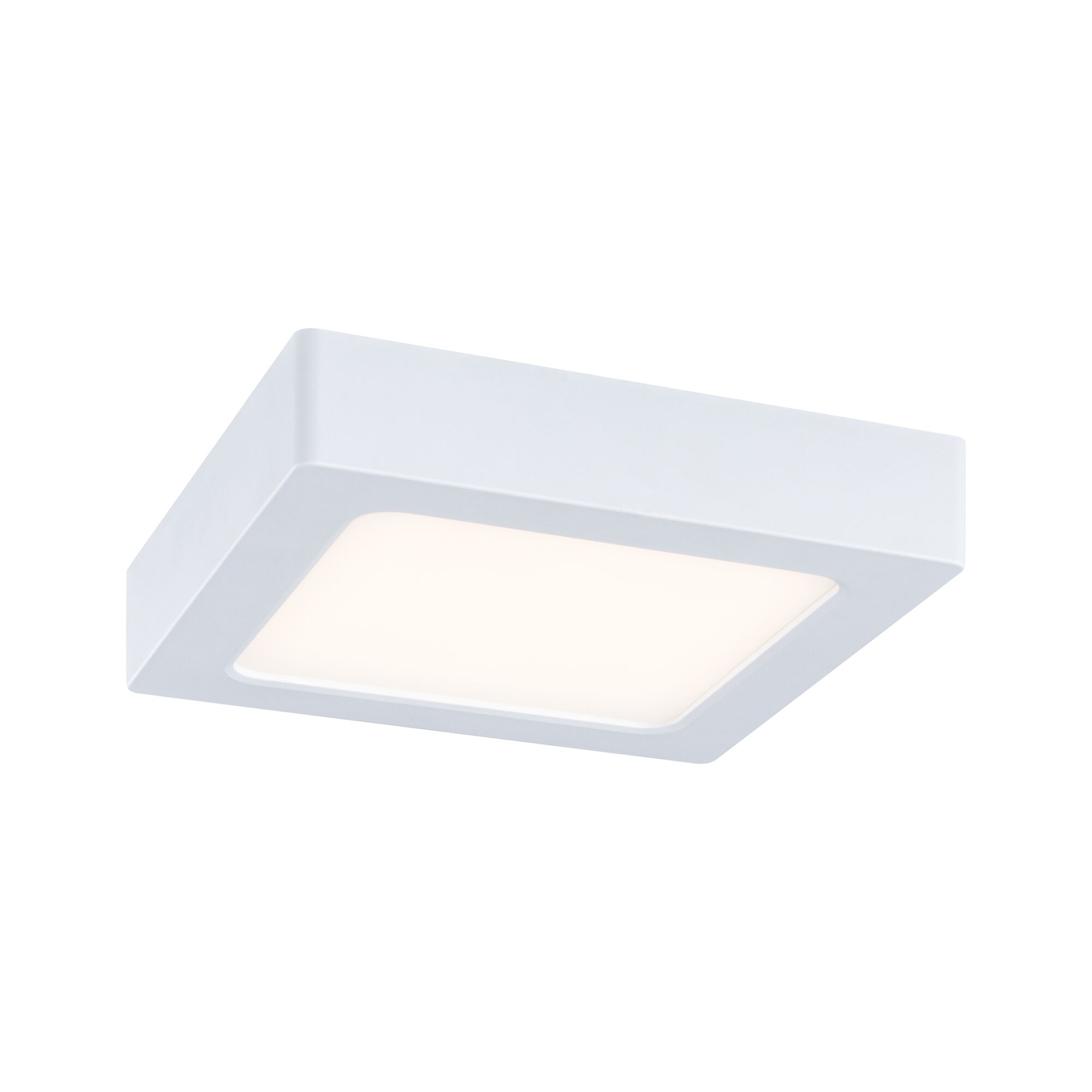Square white LED ceiling light made of plastic with warm white light for living spaces