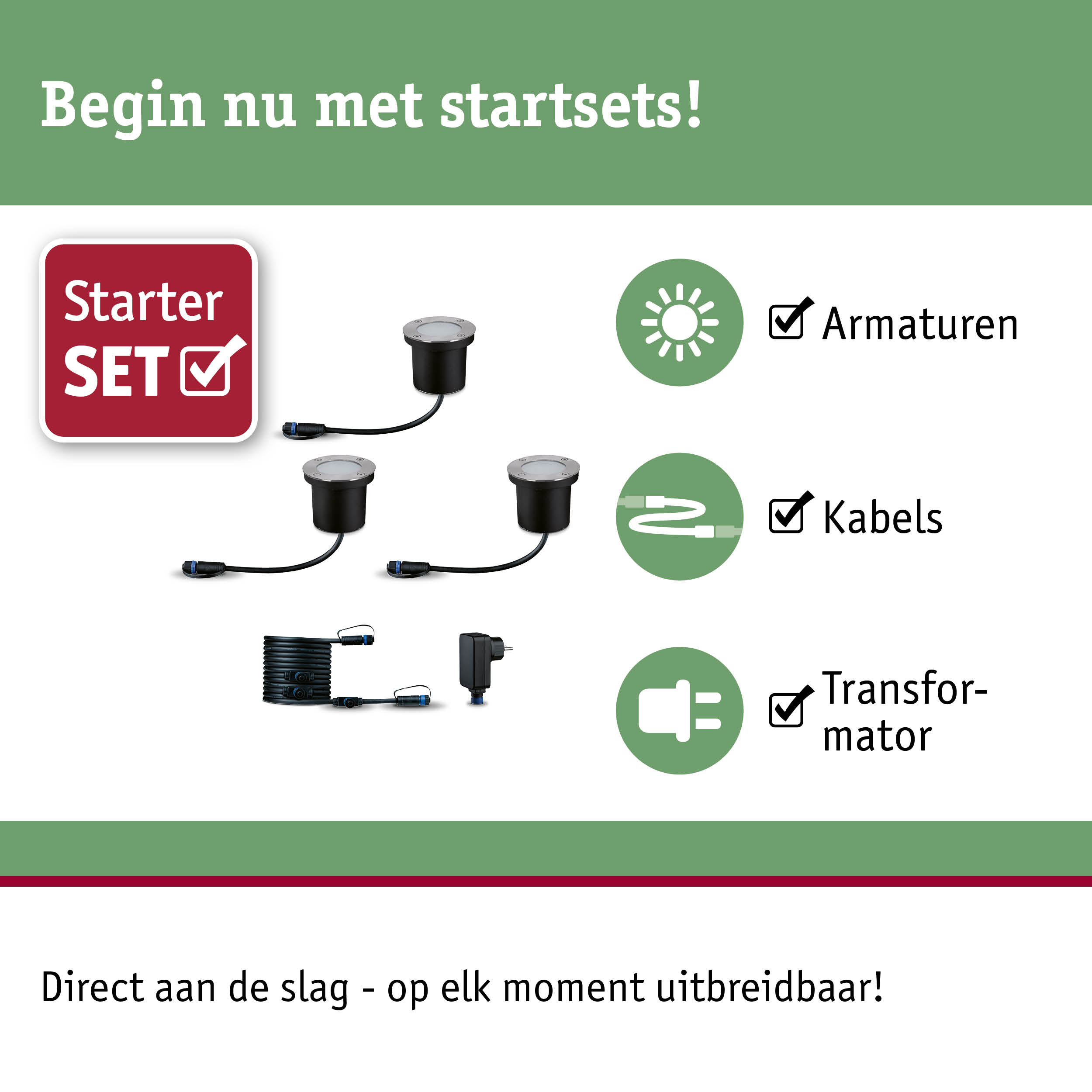 Starterset met zwarte LED-armaturen, kabels en transformator voor tuinverlichting