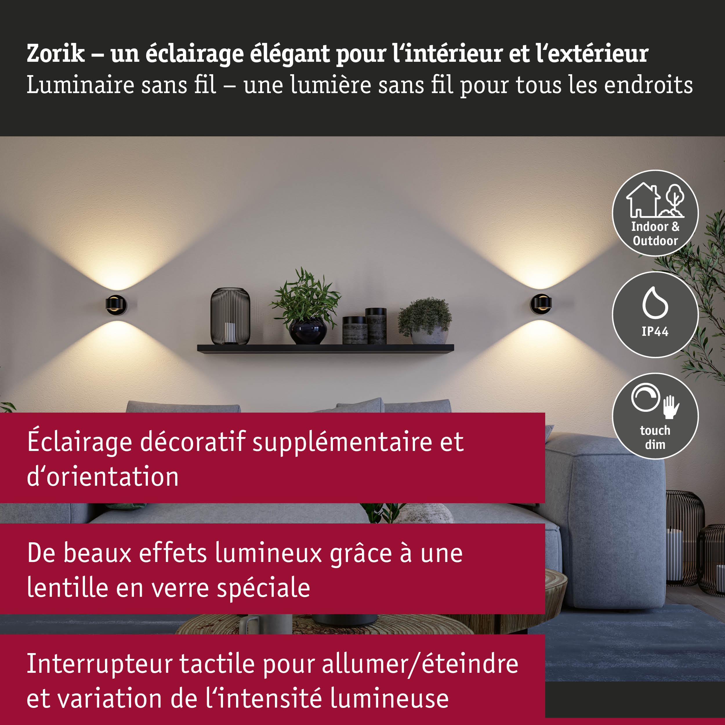 Applique murale noire élégante Zorik avec lumière LED blanc chaud pour intérieur et extérieur