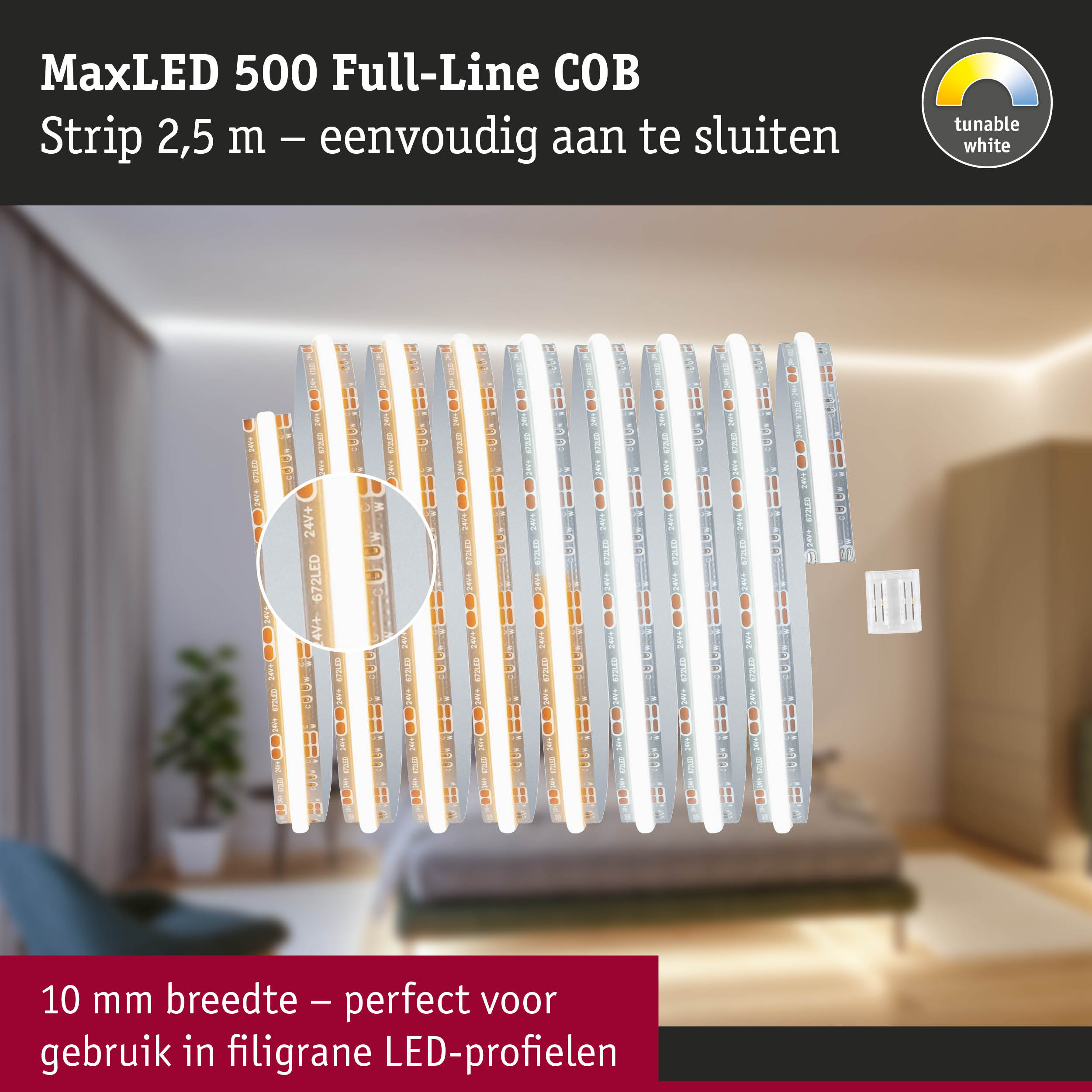 MaxLED 500 COB LED-strip 2,5 m wit met instelbaar wit licht, perfect voor smalle LED-profielen