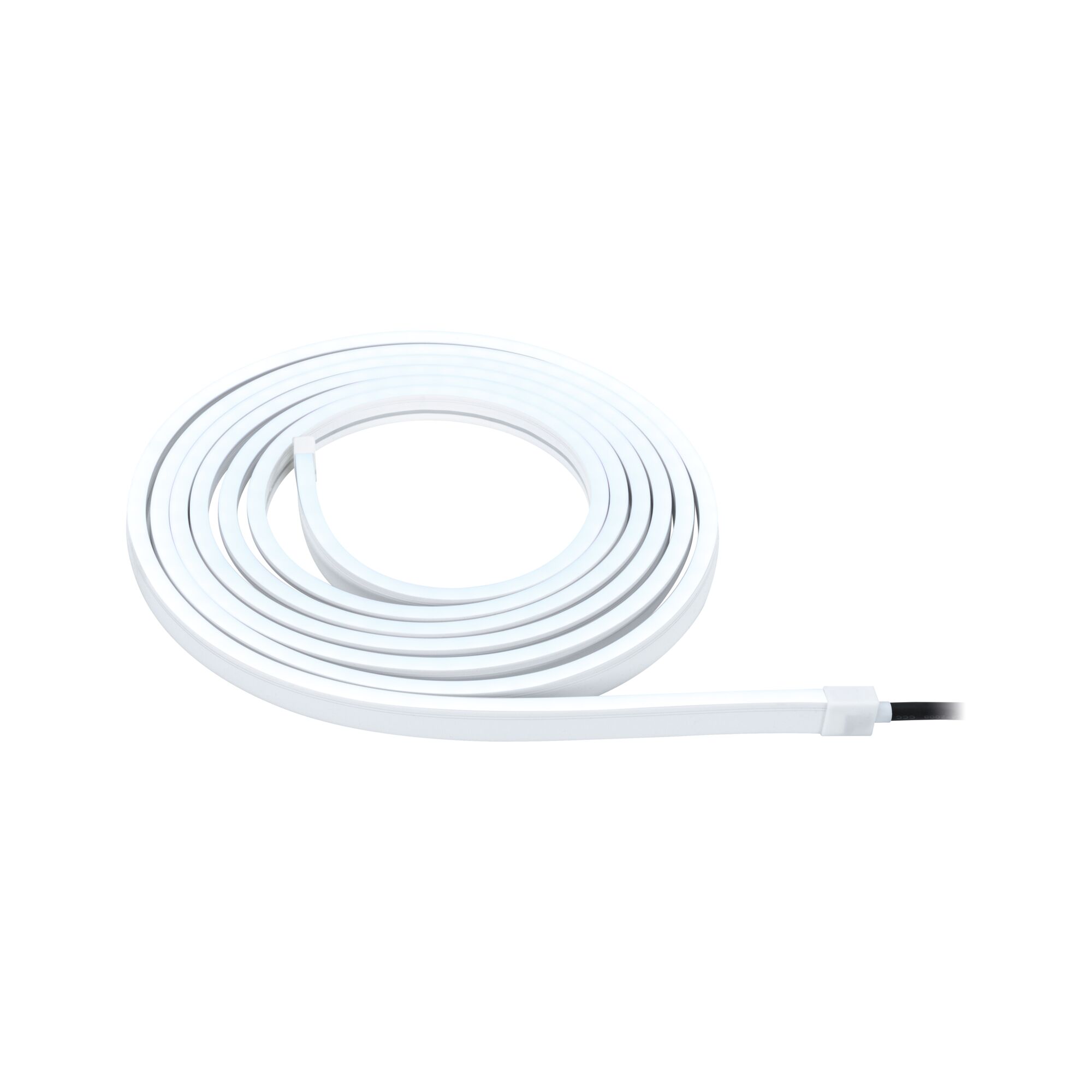 Flexible white LED light strip with connector cable for modern lighting applications.