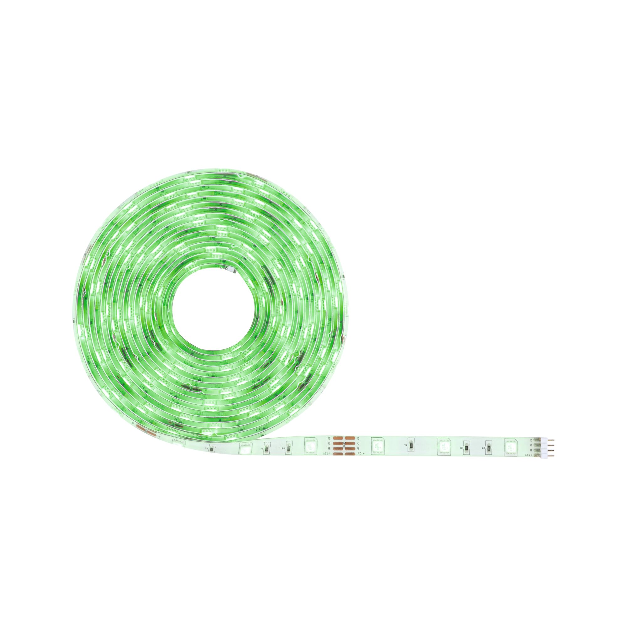 Green glowing LED strip light on roll with flexible plastic base for decorative lighting