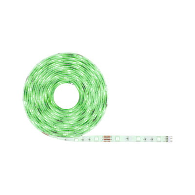 Green glowing LED strip light on roll with flexible plastic base for decorative lighting