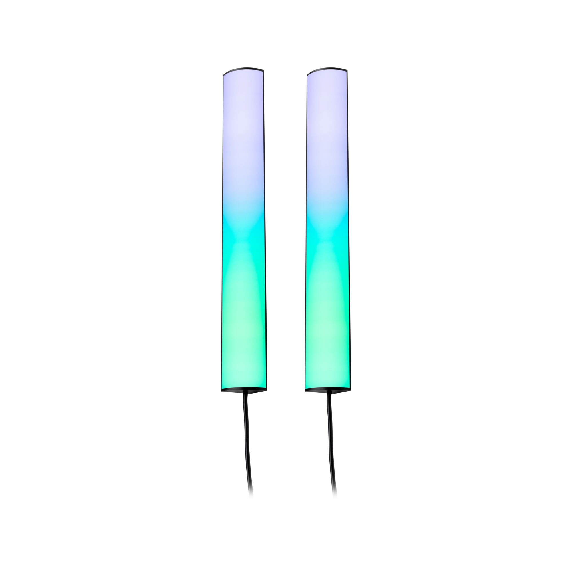 Zwei schlanke LED-Lichtleisten mit Farbverlauf in Blau und Grün, modernes Ambientelicht mit Kabel.