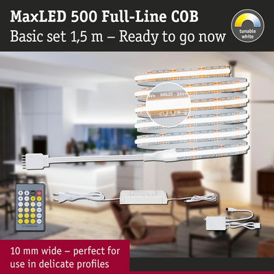 MaxLED 500 Full-Line COB LED strip 1.5 m set with remote, tunable white light, 10 mm wide for delicate profiles