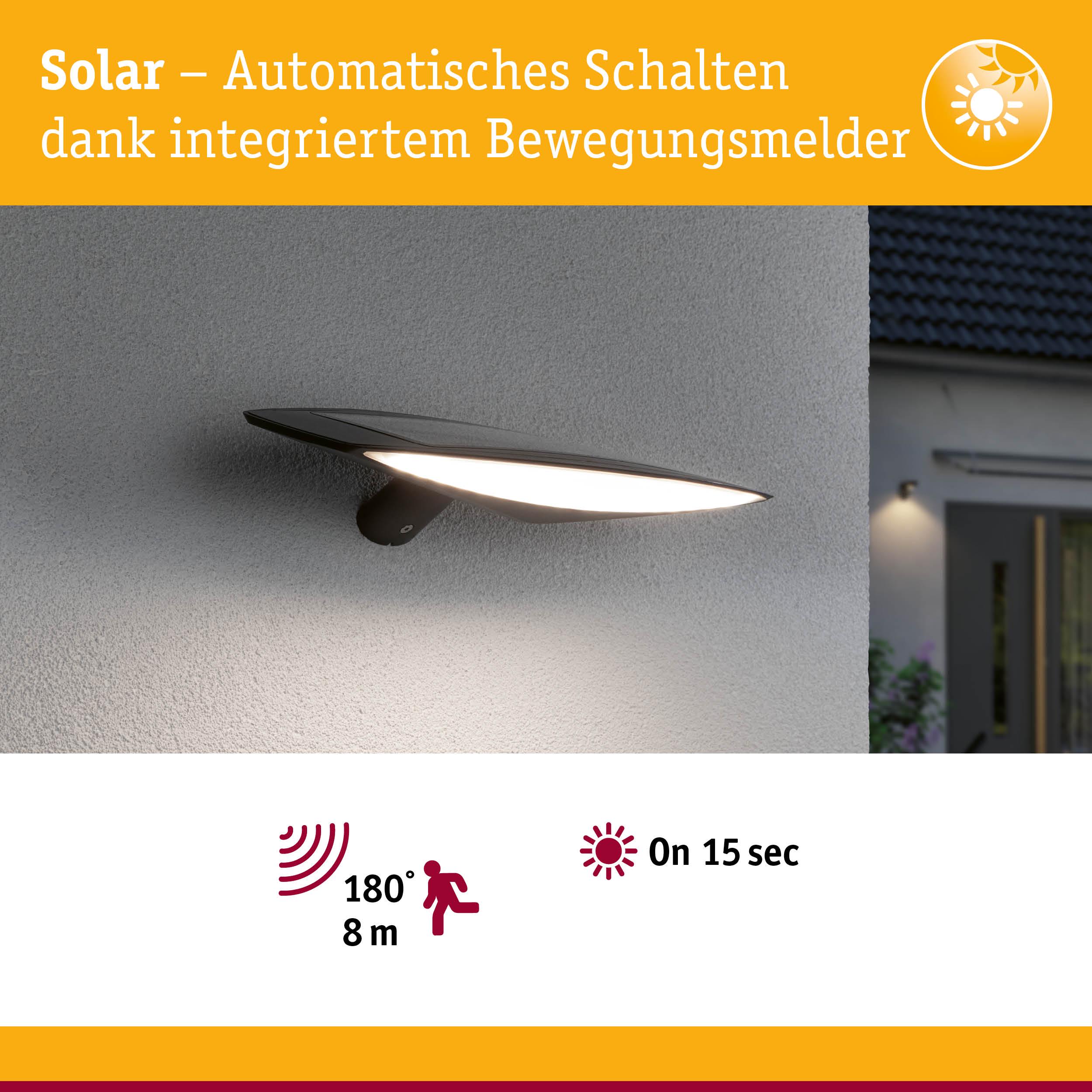 Solarbetriebene schwarze Außenwandleuchte mit Bewegungsmelder und automatischem Schalten für Garten und Terrasse