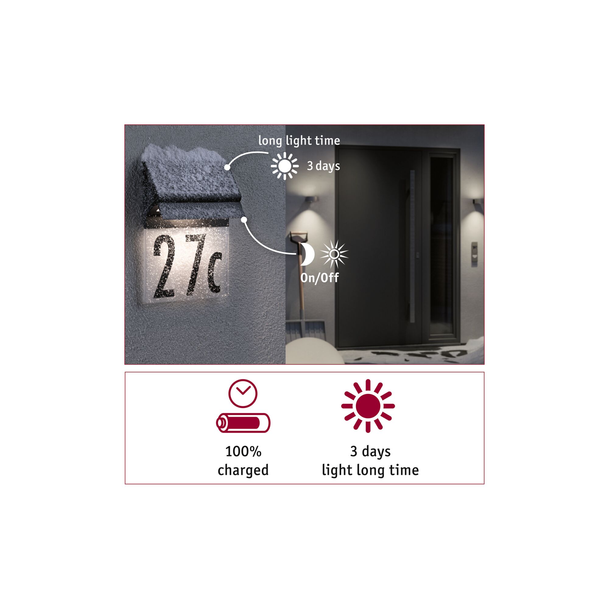 Applique murale extérieure avec numéro 27c, matériau noir, éclairée et couverte de neige, éclairage LED durable