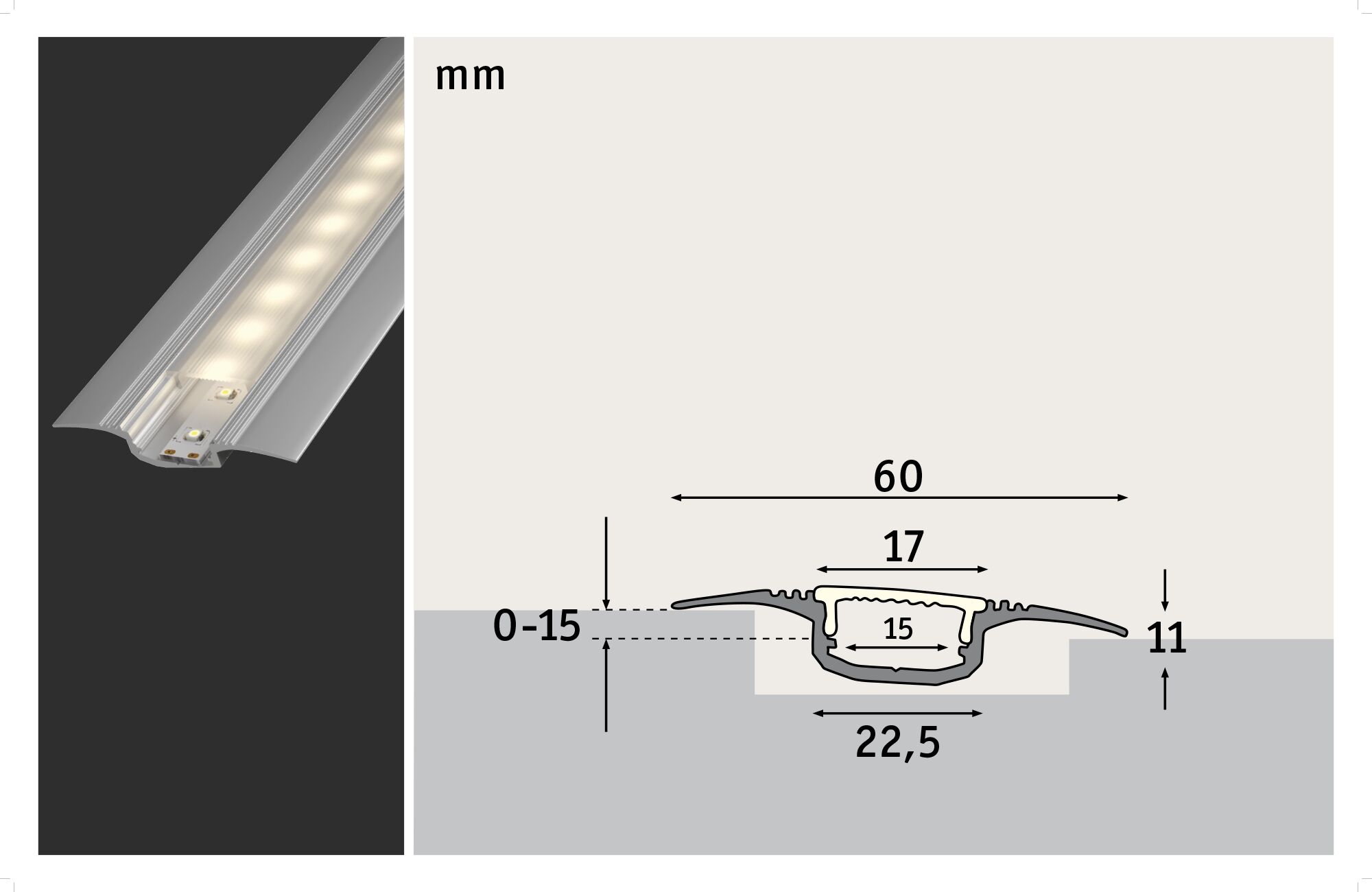 Zilverkleurig aluminium LED-profiel met matte afdekking, technische tekening met afmetingen in mm voor inbouwverlichting.