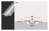 Silver aluminum LED profile with frosted cover, technical drawing showing dimensions in mm for recessed lighting.